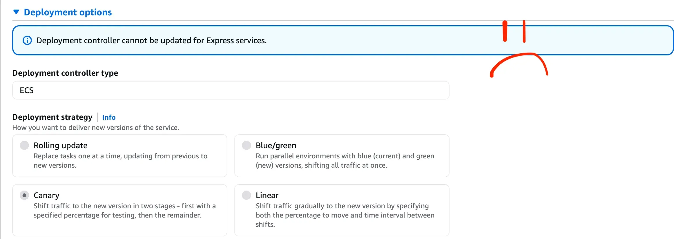 AWS Console showing you can't edit deployment strategies in ECS Express Mode