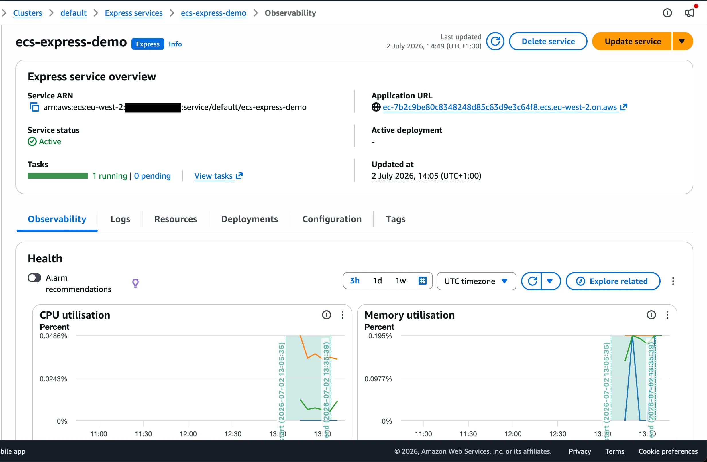 AWS Console showing my new ECS Express service