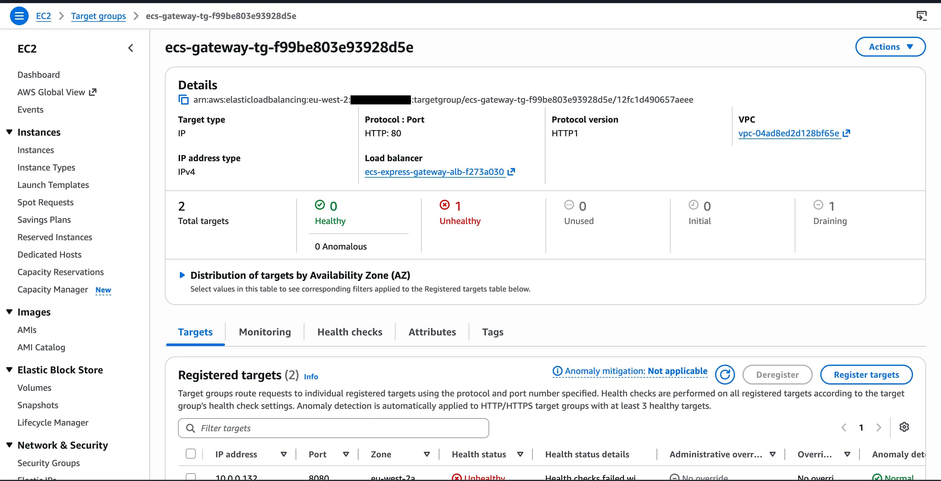 AWS Console showing an EC2 target group with 1 Unhealthy reported